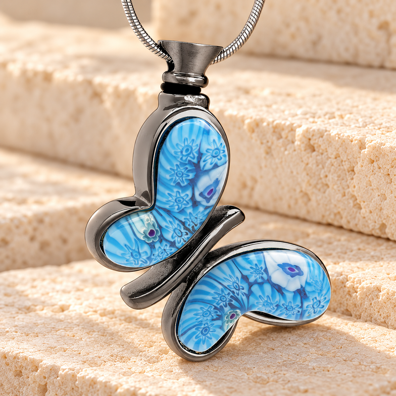 Black with Blue Majestic Butterfly Cremation Jewelry