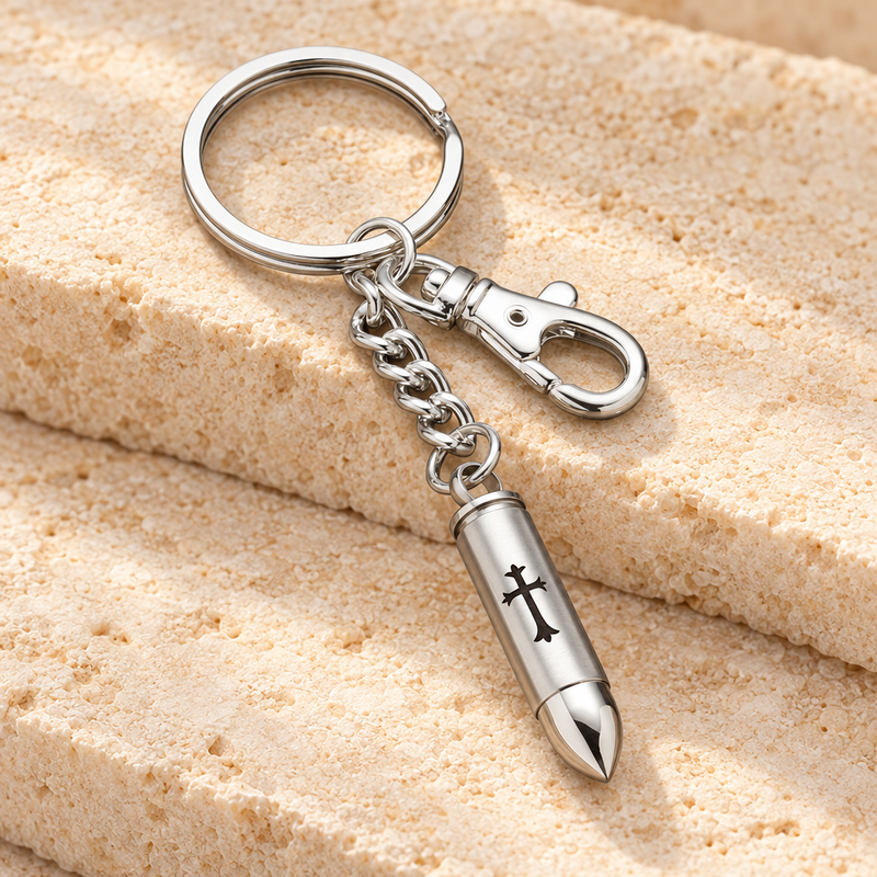 357 Magnum Bullet with Cross Urn Keychain Cremation Urn Keepsake