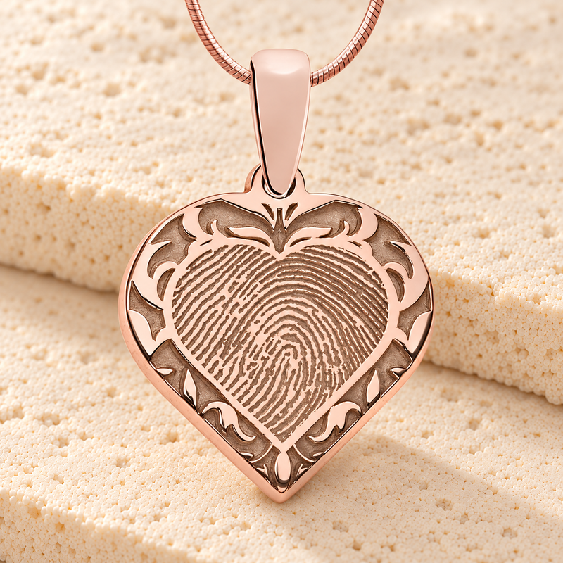 Rose Gold Plated Sterling Silver Carved Heart Fingerprint Necklace