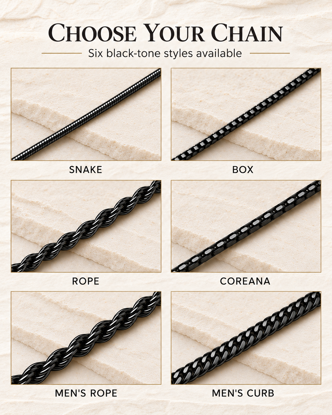 EVR black chain options — snake, box, rope, coreana, men’s rope and men’s curb