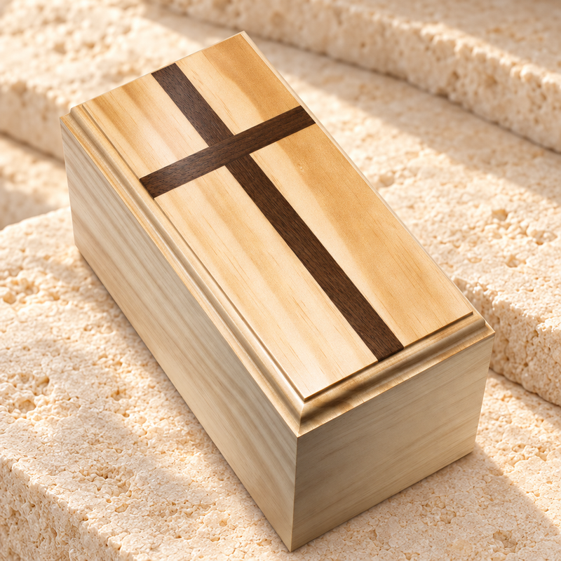 Traditional Pine Cremation Urn w/ Walnut Cross