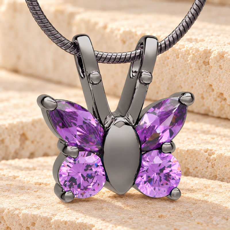 Black Plated Violet Jeweled Butterfly Memorial Jewelry