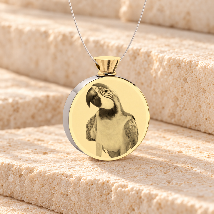 Round Gold Plated Picture Engraved Pet Ash Guardian