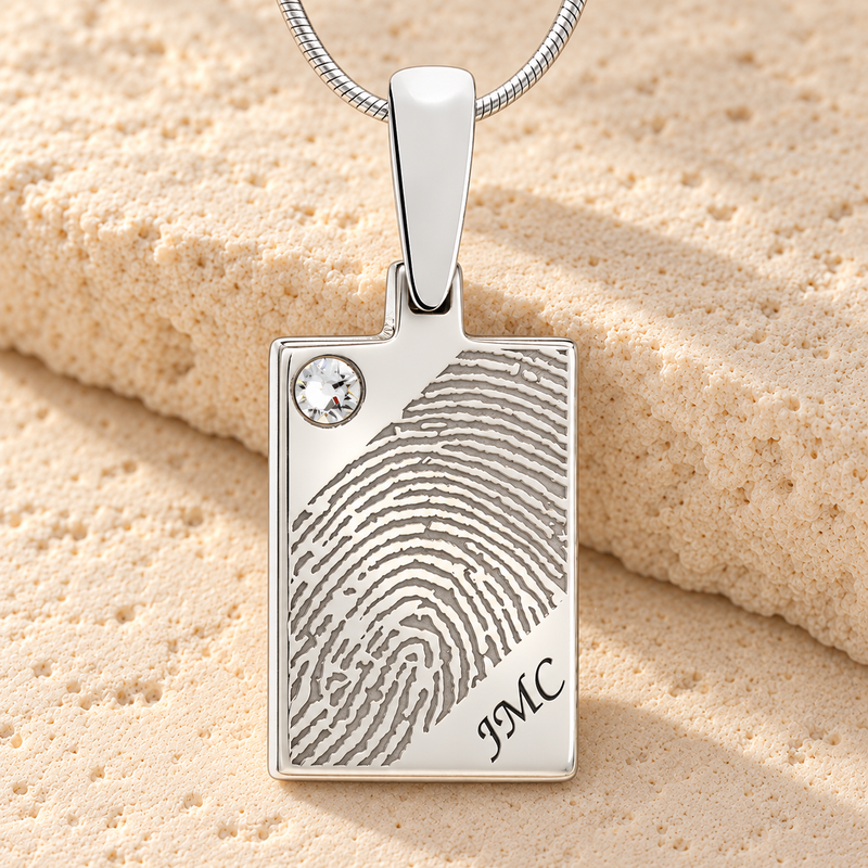 Birthstone Rectangle Silver Fingerprint Necklace