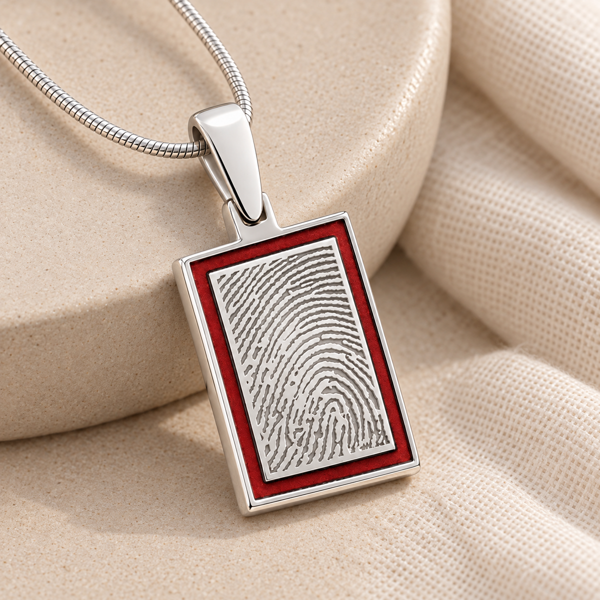 Silver Peony Framed Rectangle Fingerprint Necklace — alternate view — evr4803red-130