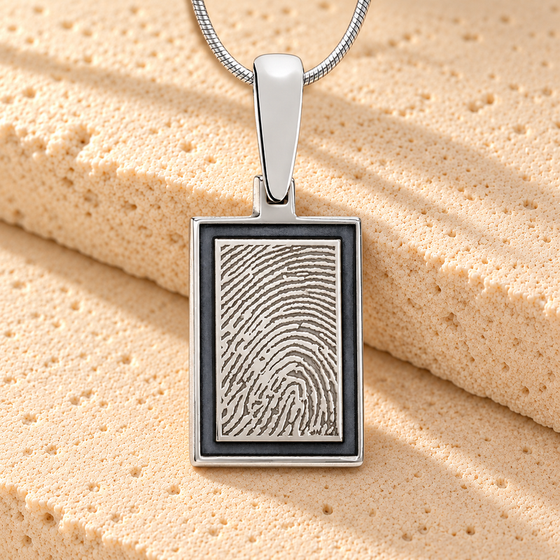 Sterling Silver Argentine Gray Framed Rectangle Fingerprint Necklace