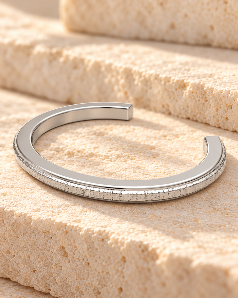 Solid 14K White Gold Textured Cuff Forever Sealed Memorial Bracelet