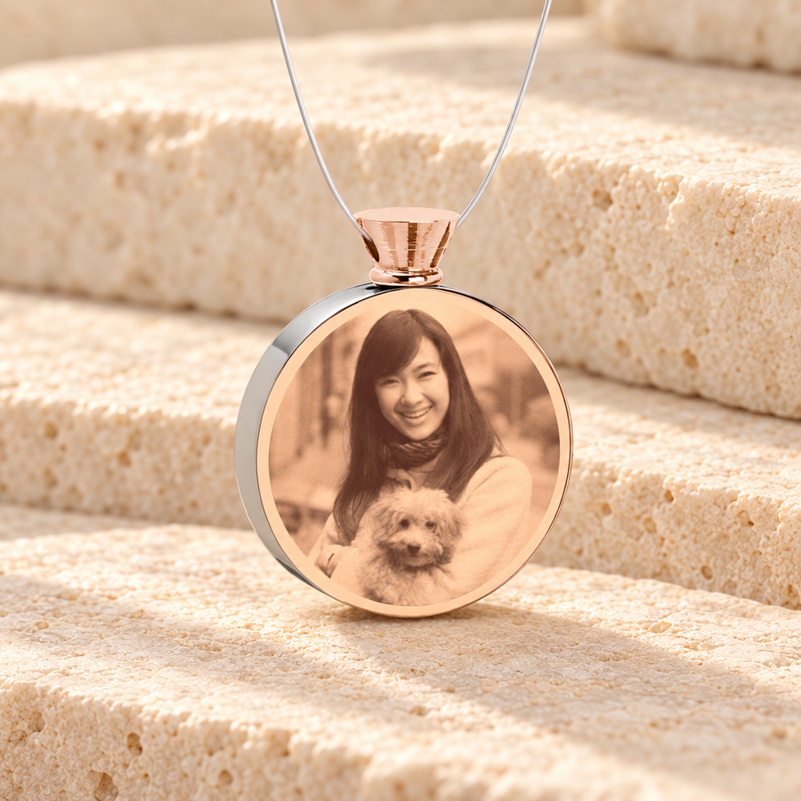 Round Rose Gold Plated Picture Engraved Pet Ash Guardian