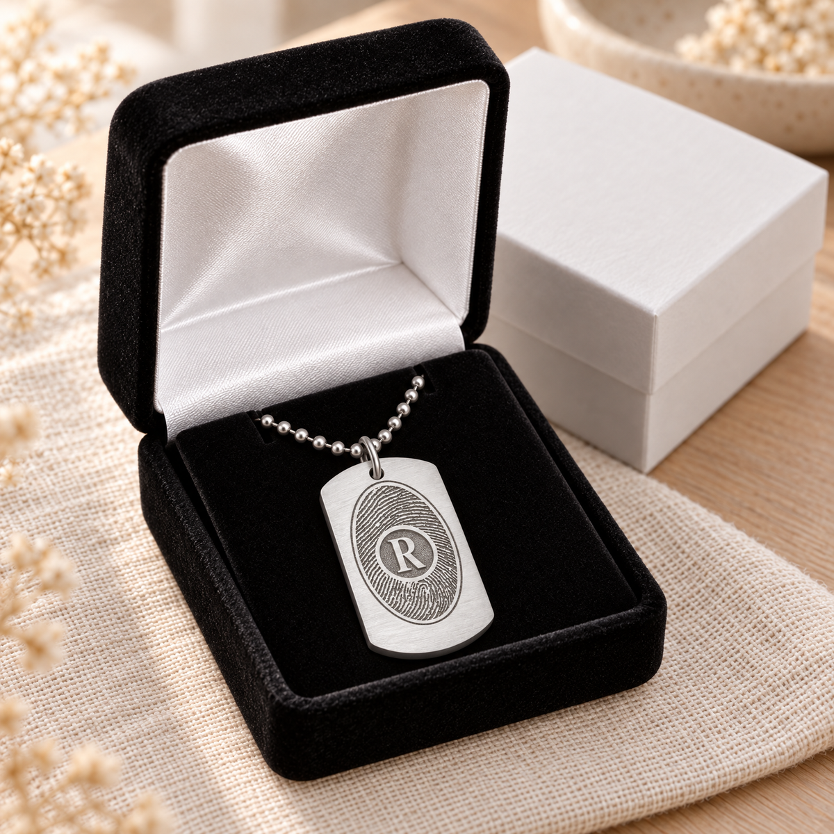 Brushed Thick Stainless Dog Tag with Initial Fingerprint Necklace — gift box — evr4893fp