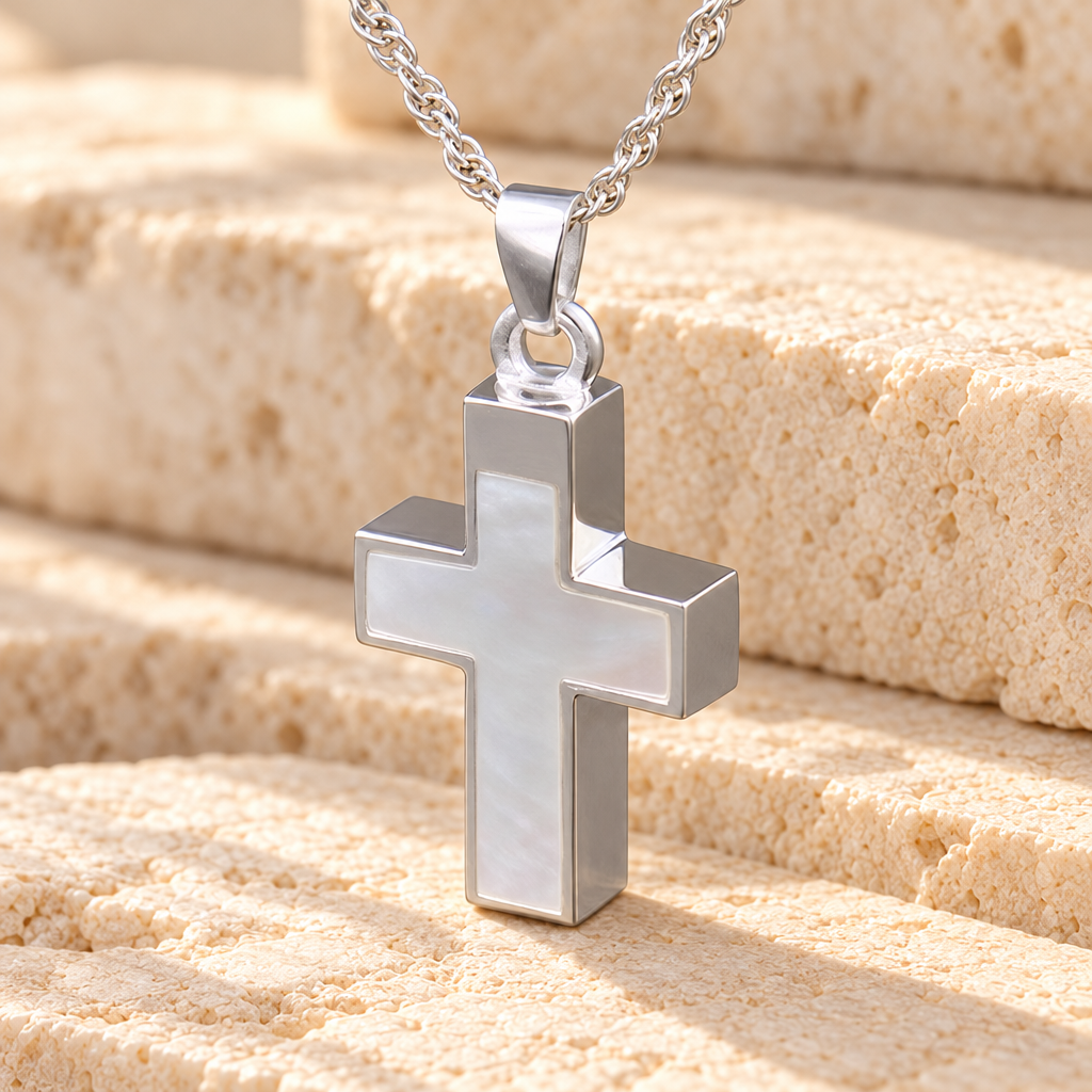 Sterling Silver Pearly Cross Cremation Urn Keepsake — main — evr808ss