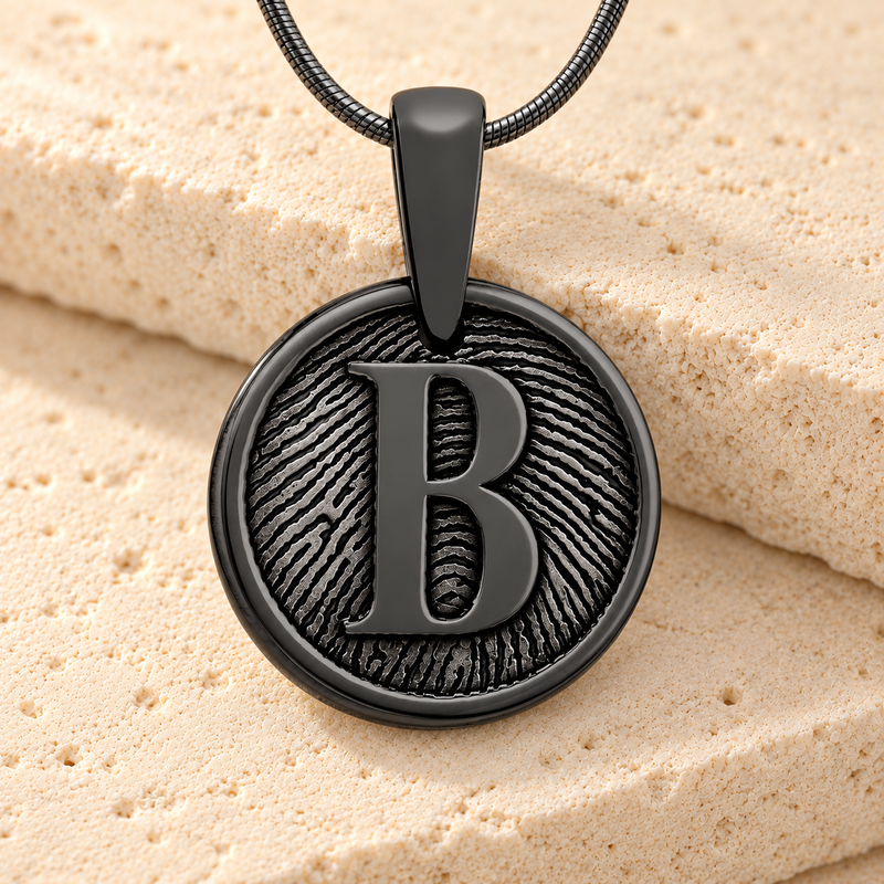 Black Plated Monogram Round Fingerprint Necklace