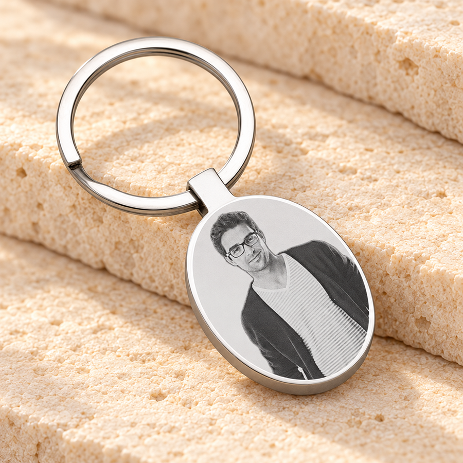 Circles Stainless Steel Photo Engraved Keychain