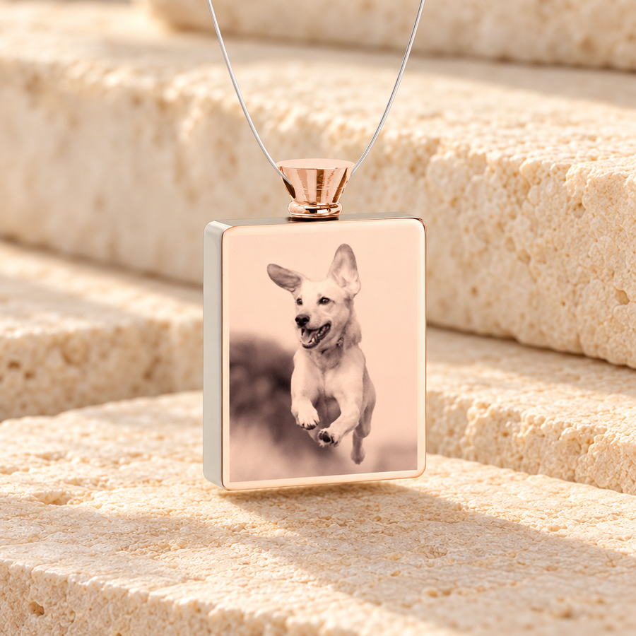Rectangle Rose Gold Plated Photo Engraved Pet Ash Guardian