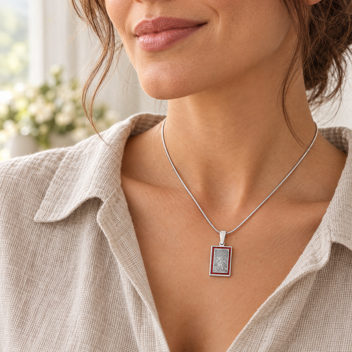 Silver Peony Framed Rectangle Fingerprint Necklace — lifestyle — evr4803red-130