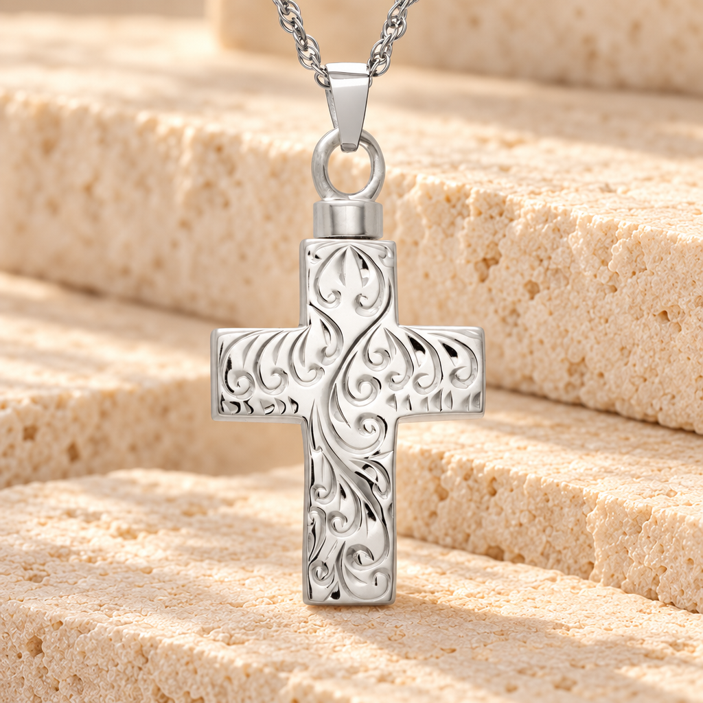 Etched Cross Cremation Urn Keepsake — main — evr121ss