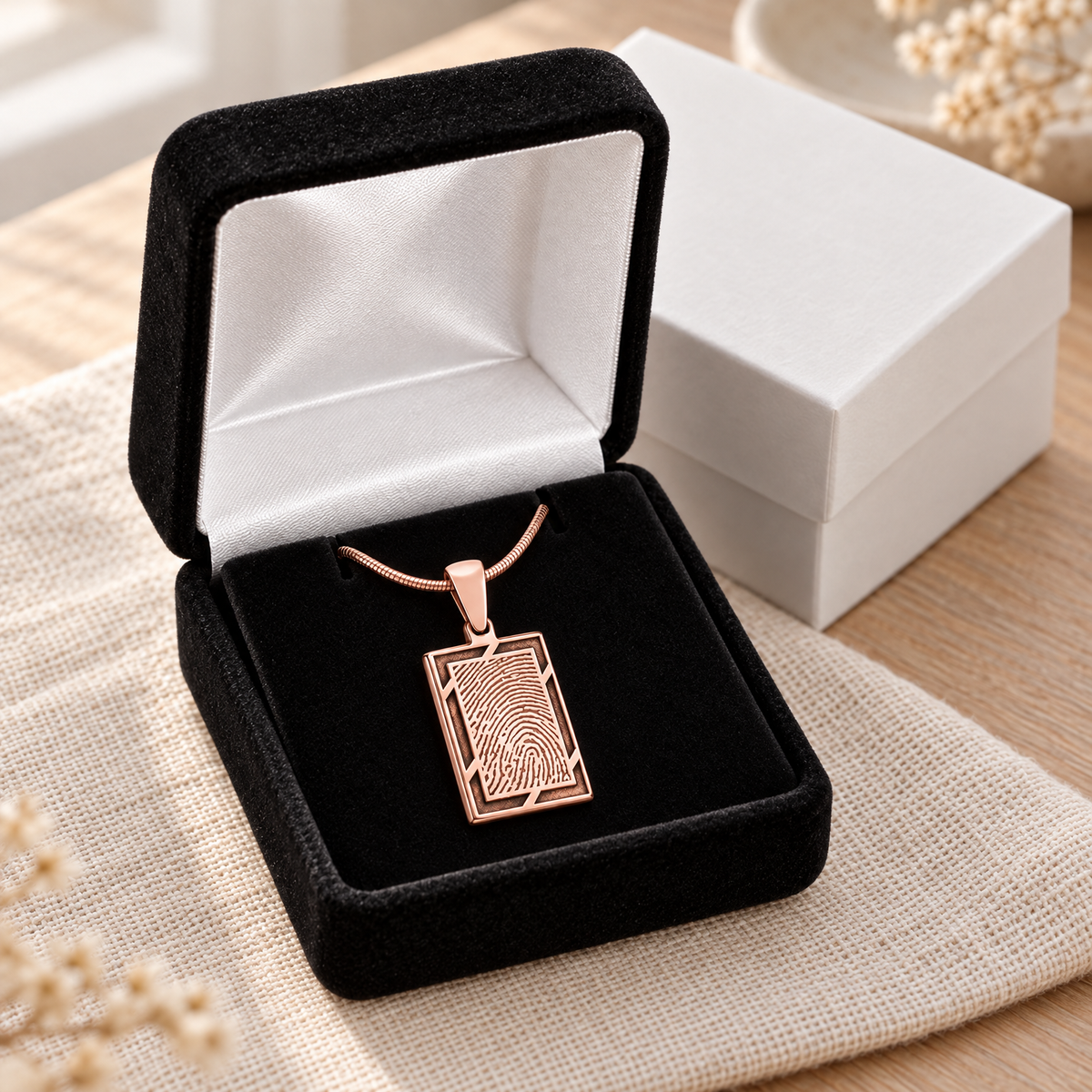 Framed Rose Gold Plated Rectangle Fingerprint Necklace — gift box — evr4710rg