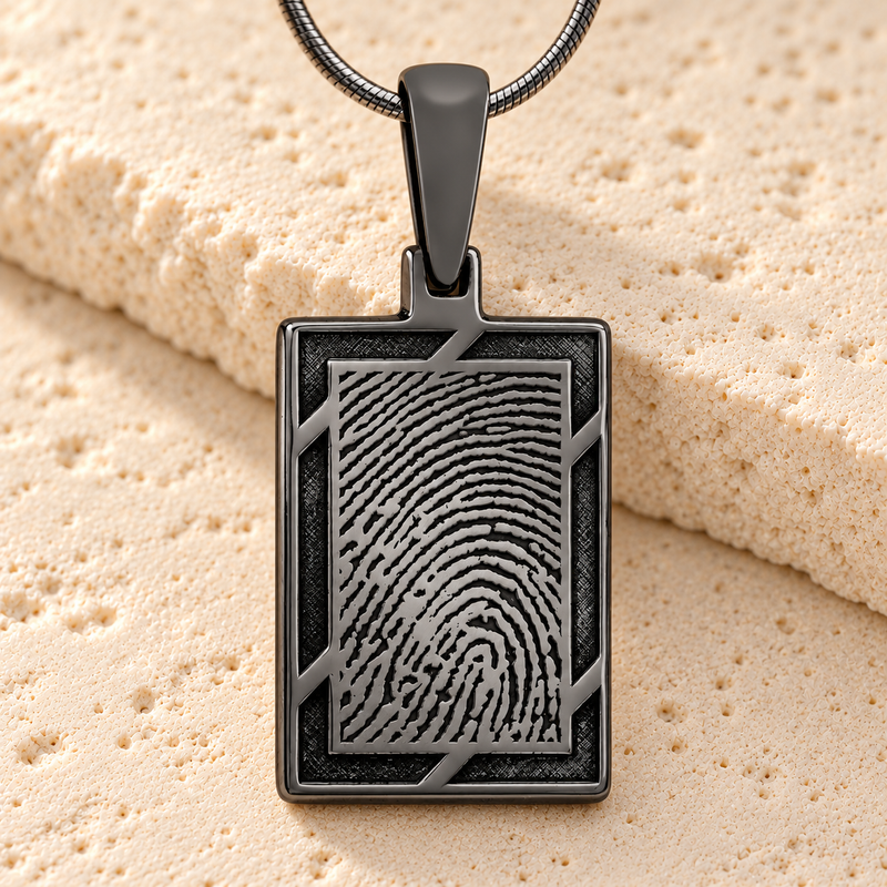 Black Plated Framed Rectangle Fingerprint Necklace