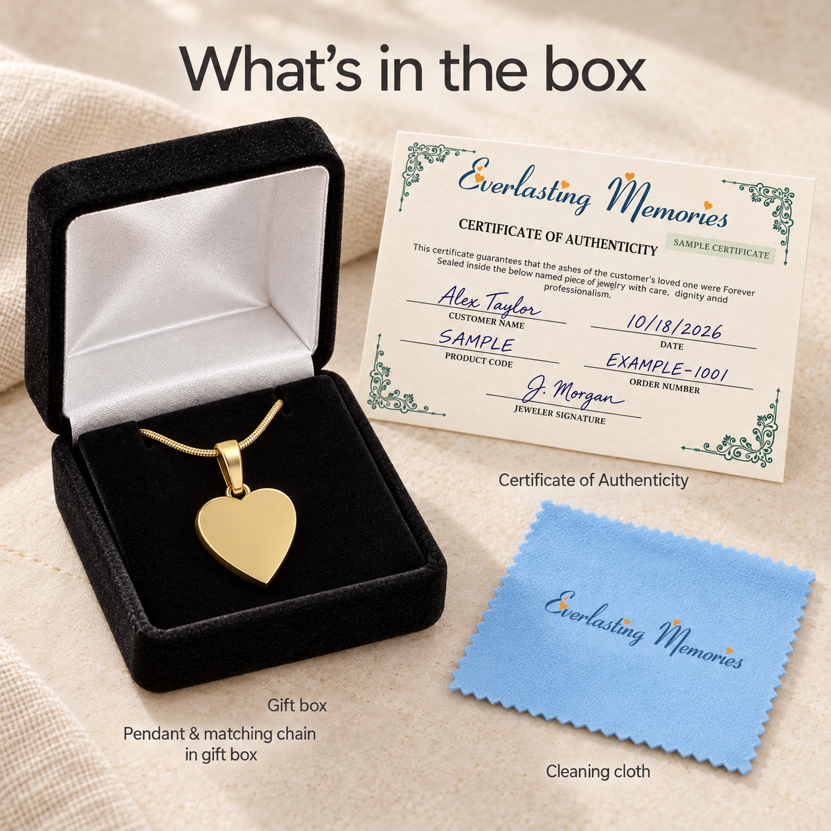 Gold Plated Serenity Heart Forever Sealed Cremation Jewelry — whats in box — 20037gfs