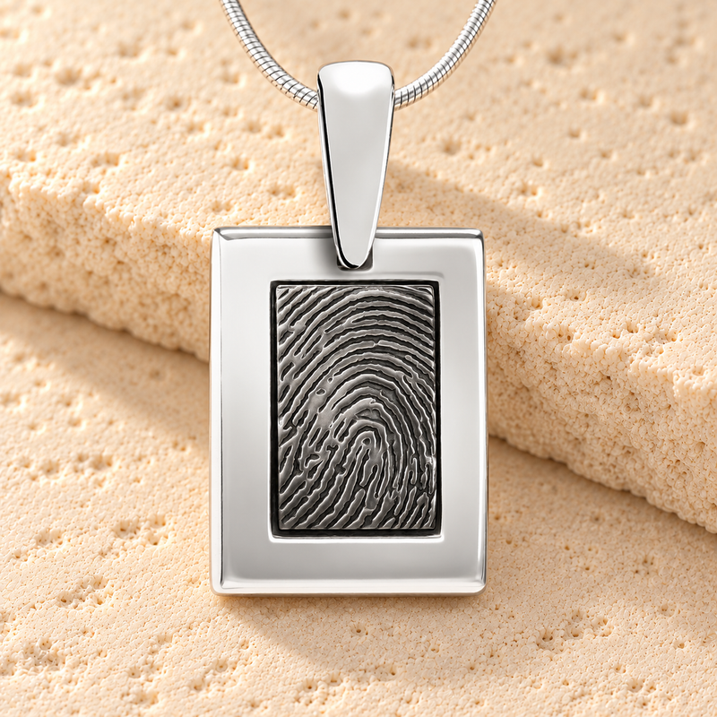 Black Square Silver Frame Fingerprint Necklace