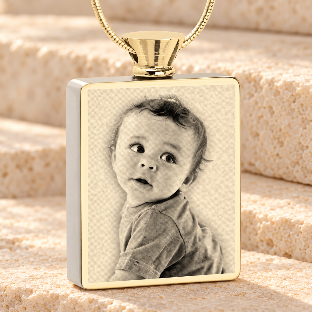 Rectangle Gold Plated Photo Engraved Ash Pendant — main — evr6412g