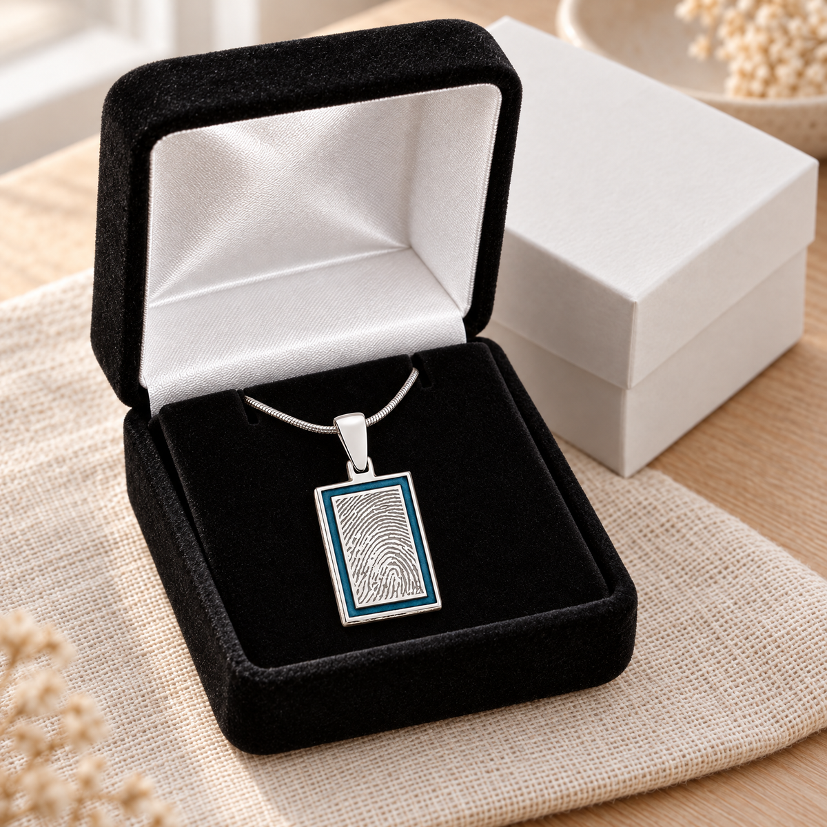 Sterling Silver Saxe Framed Rectangle Fingerprint Necklace — gift box — evr4803blue-112