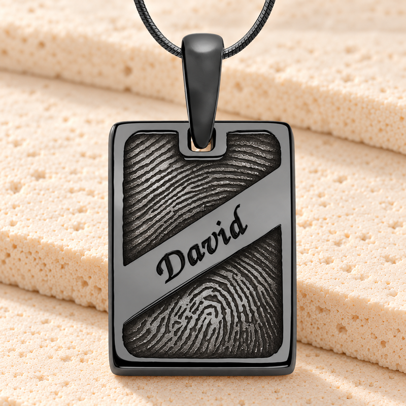 Black Plated Sterling Silver Memorial Rectangle Fingerprint Necklace