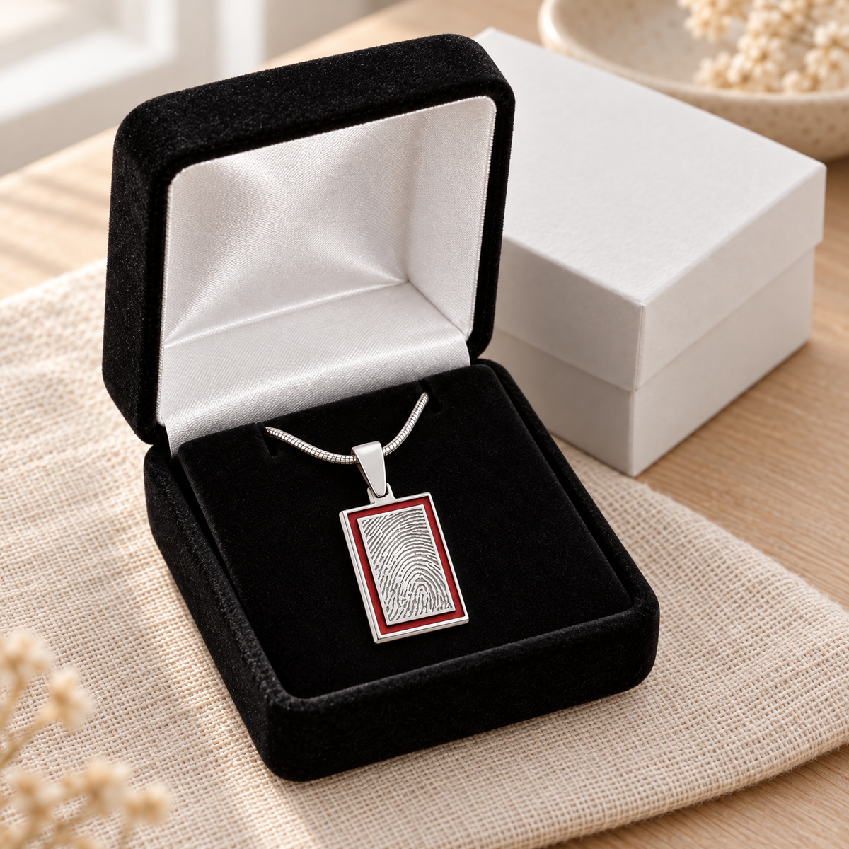 Silver Peony Framed Rectangle Fingerprint Necklace — gift box — evr4803red-130