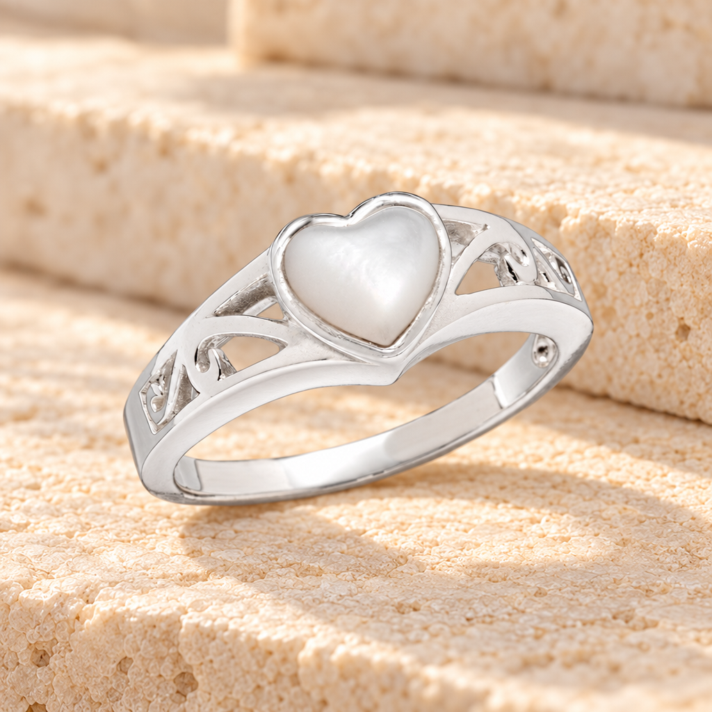 Women's Silver Mother of Pearl Caring Heart Cremation Ring — main — evr6352mop