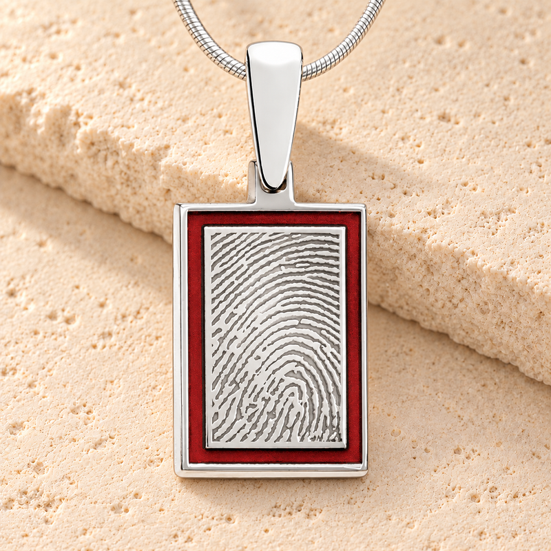 Silver Peony Framed Rectangle Fingerprint Necklace
