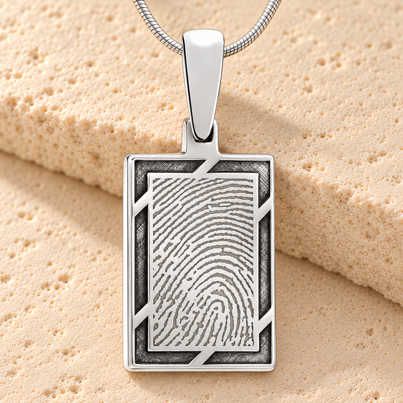 Silver Framed Rectangle Fingerprint Necklace