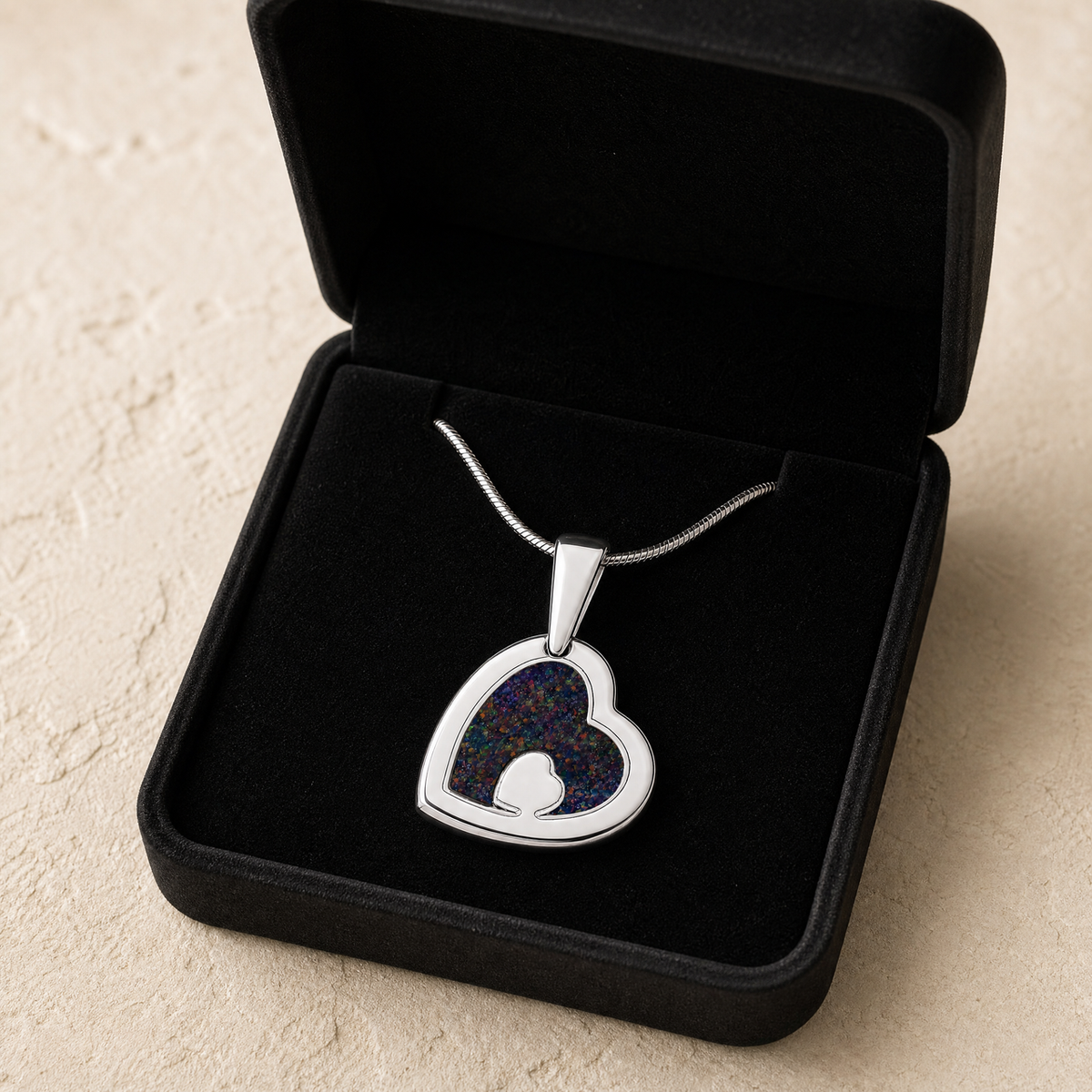 Solid 14K White Gold Two Of A Kind Heart with Black Flame Opal Ash Resin Jewelry