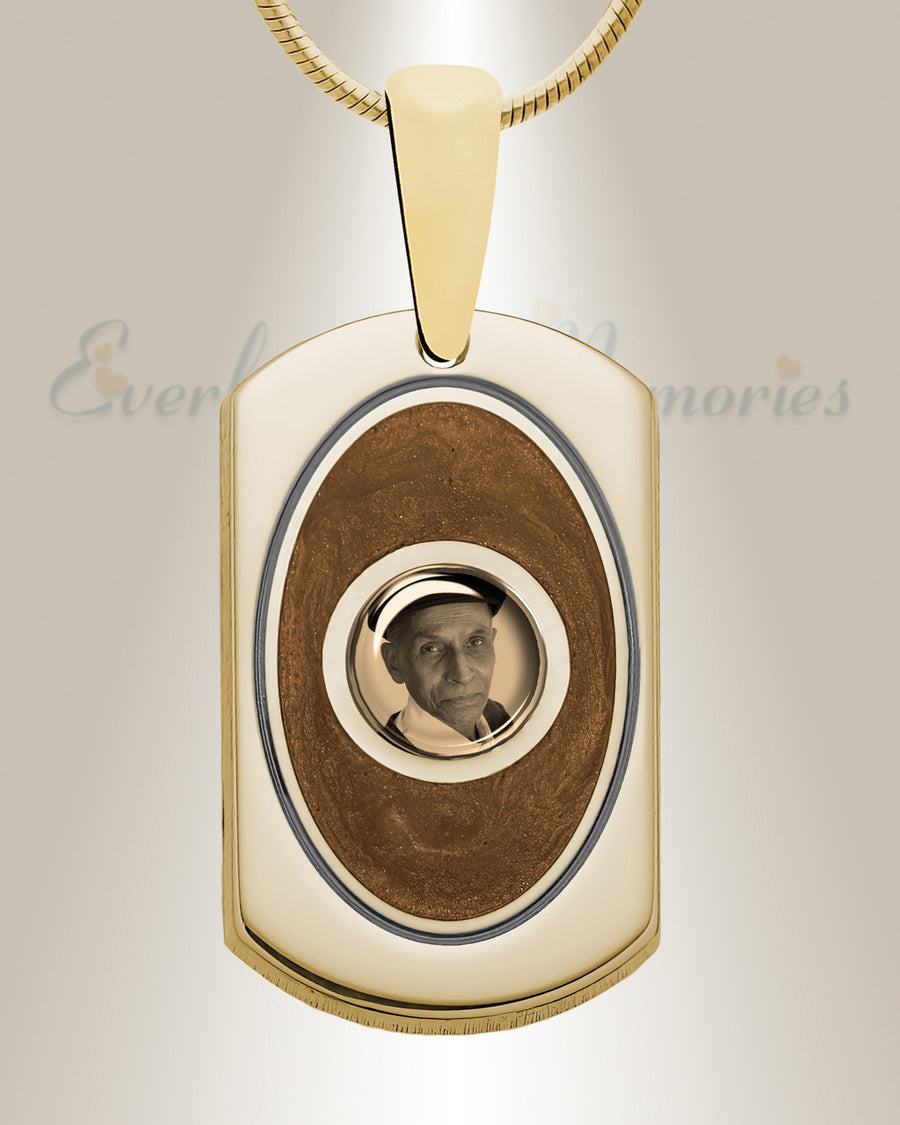 Dog Tag 14K Gold Picture Pendant With Coffee Ashes
