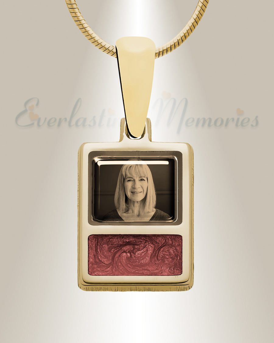 Rectangle 14K Gold Picture Pendant With Garnet Ashes