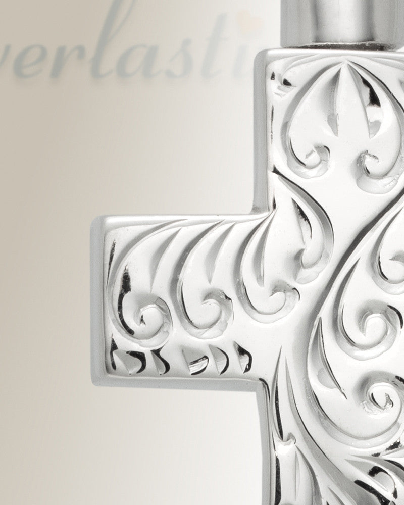 14k White Gold Etched Cross Cremation Urn Keepsake