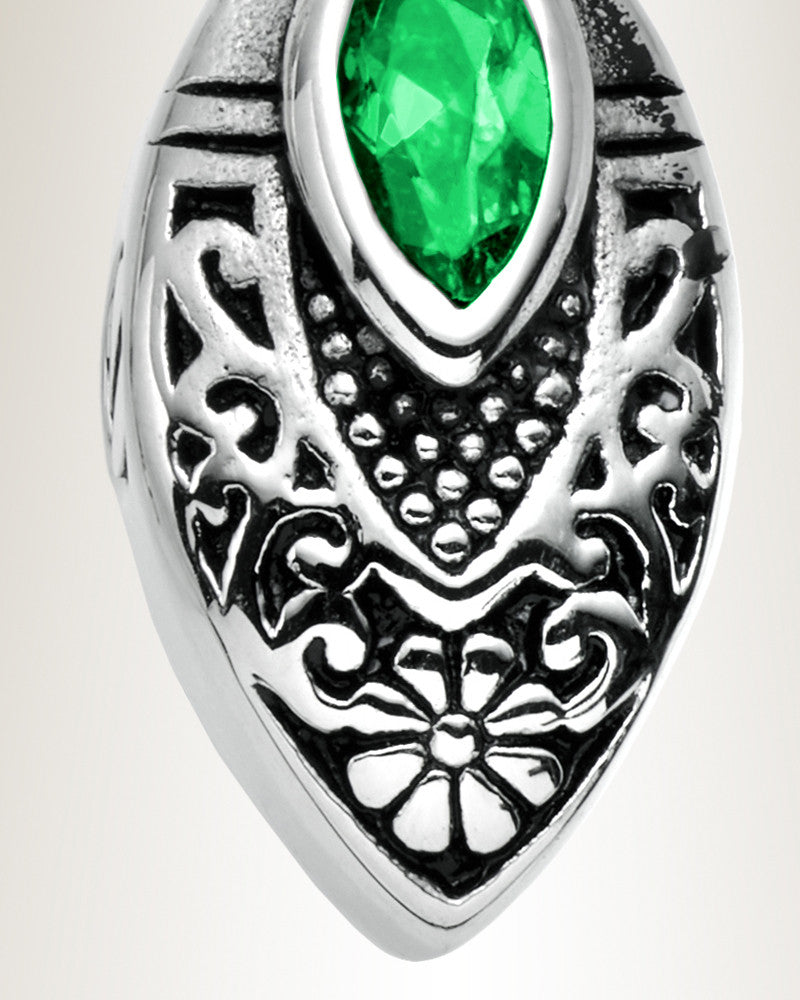 Stainless Steel Ornamental Teardrop with Green Stone Pendant Keepsake