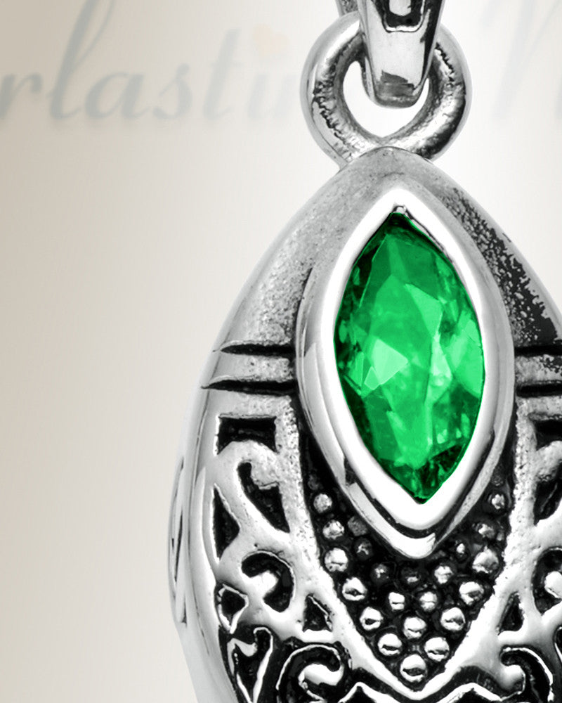 Stainless Steel Ornamental Teardrop with Green Stone Pendant Keepsake