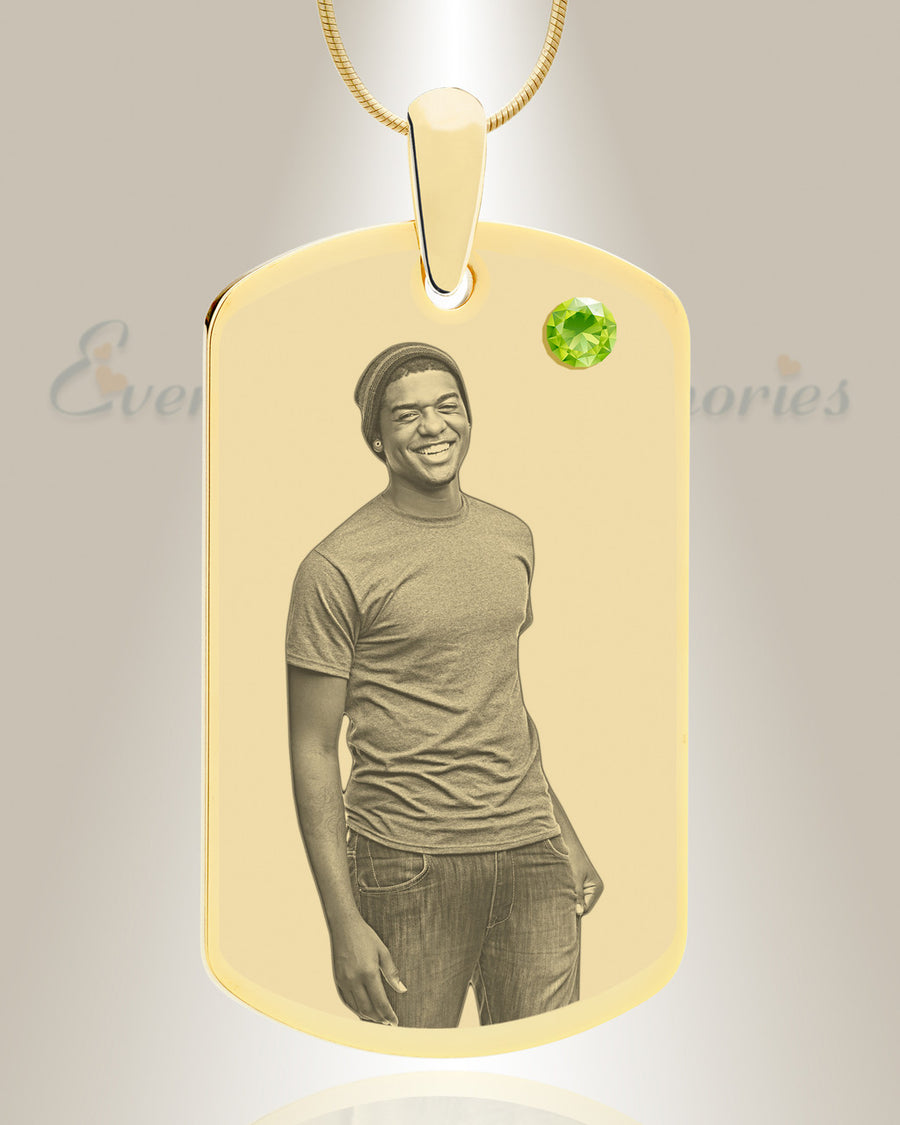Birthstone Large Dog Tag August Photo Engraved Gold Plated over Stainless Keepsake