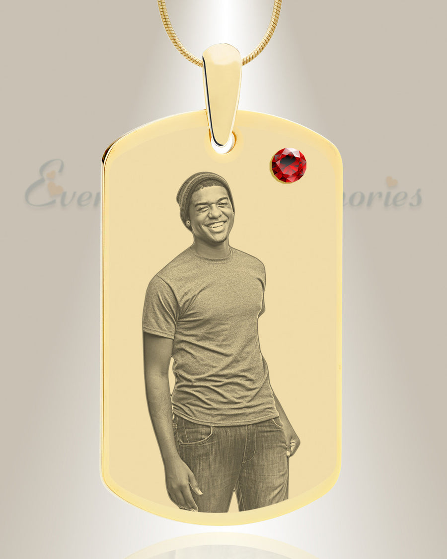 Birthstone Large Dog Tag January Photo Engraved Gold Plated over Stainless Keepsake