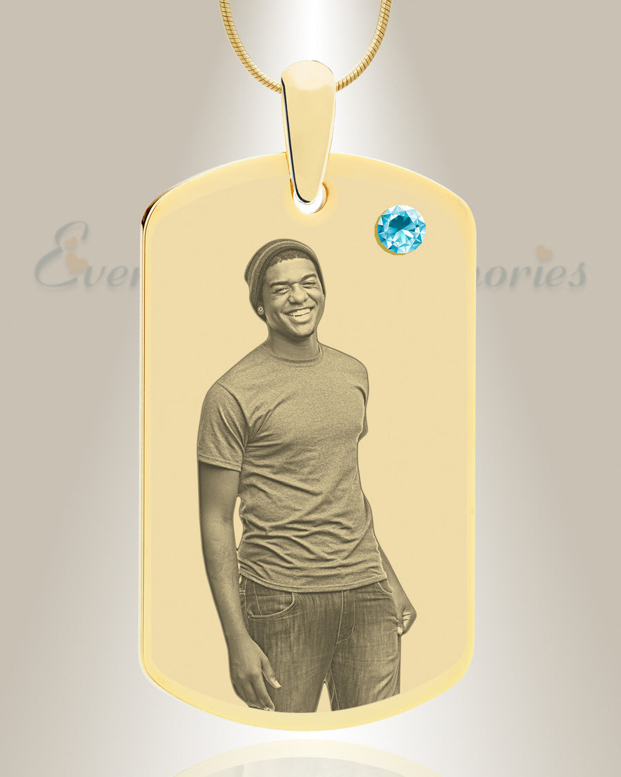 Birthstone Large Dog Tag March Photo Engraved Gold Plated over Stainless Keepsake