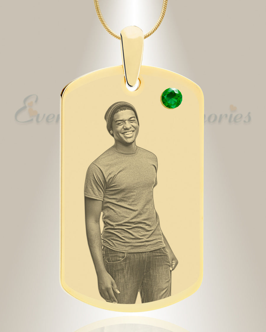 Birthstone Large Dog Tag May Photo Engraved Gold Plated over Stainless Keepsake