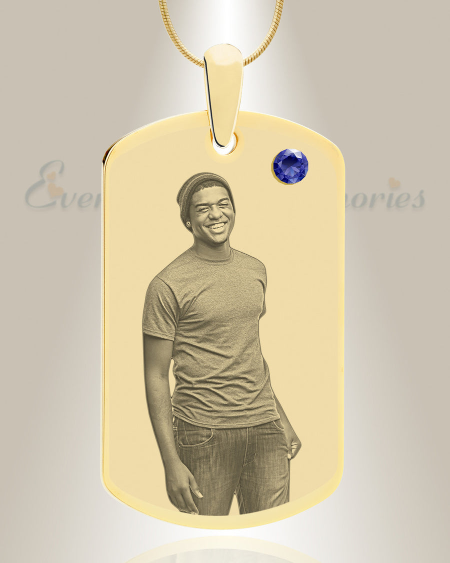 Birthstone Large Dog Tag September Photo Engraved Gold Plated over Stainless Keepsake