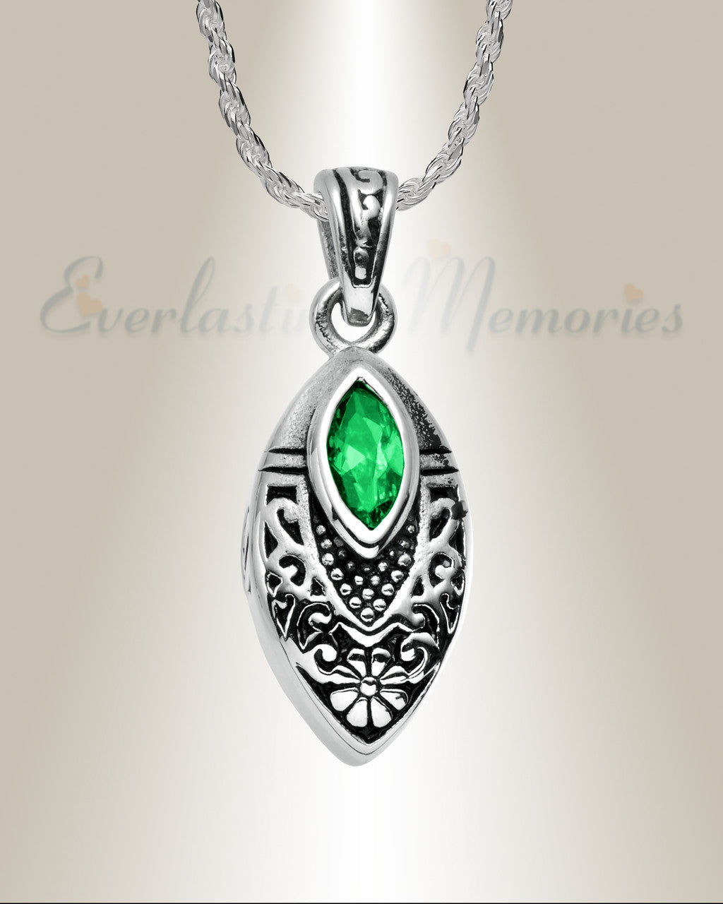 Stainless Steel Ornamental Teardrop with Green Stone Pendant Keepsake