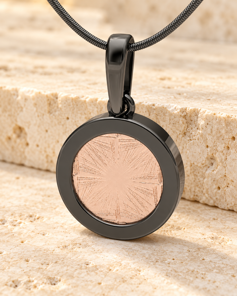 Real EVR black and textured rose gold custom Forever Sealed pendant with its dark chain
