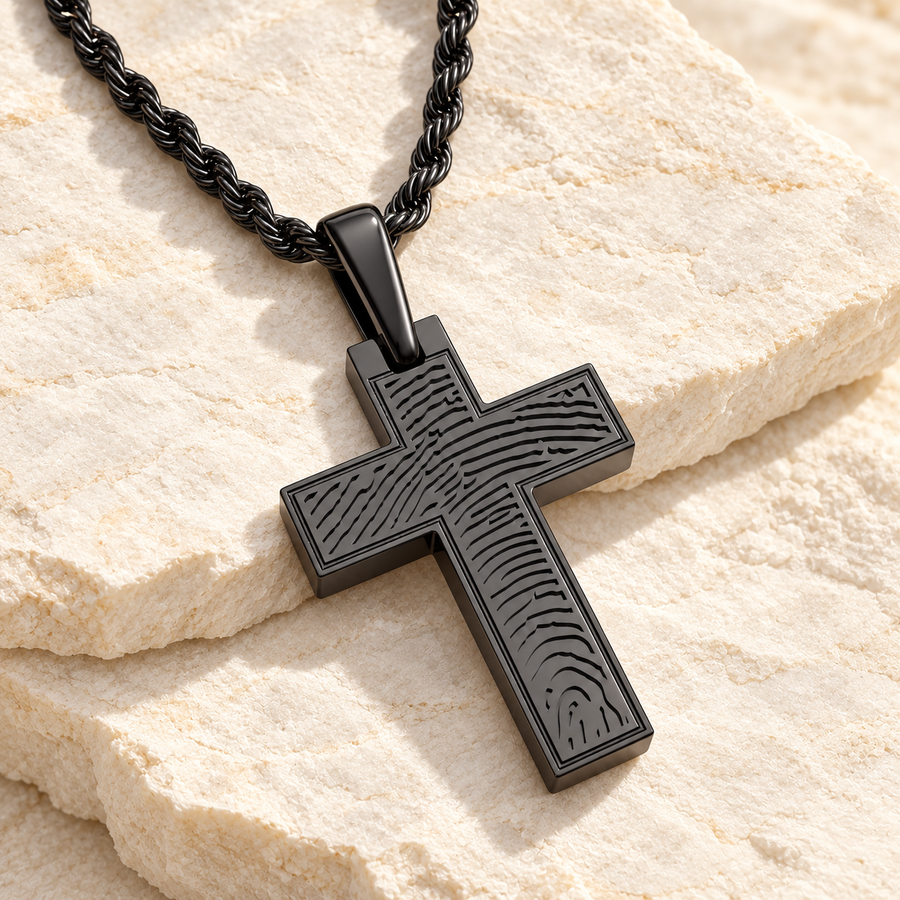 Black fingerprint cross necklace on ivory slate