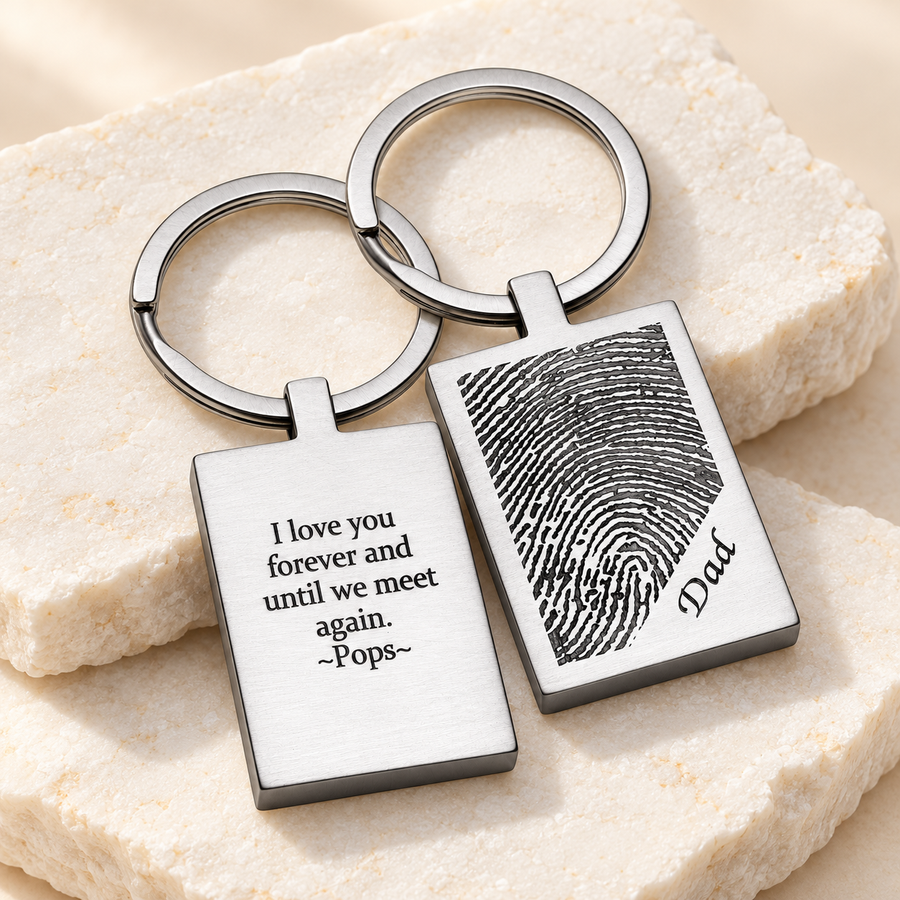 Both exact keychain views arranged on white slate, front fingerprint Dad and reverse text preserved exactly, complete rings within frame, 15% margins.