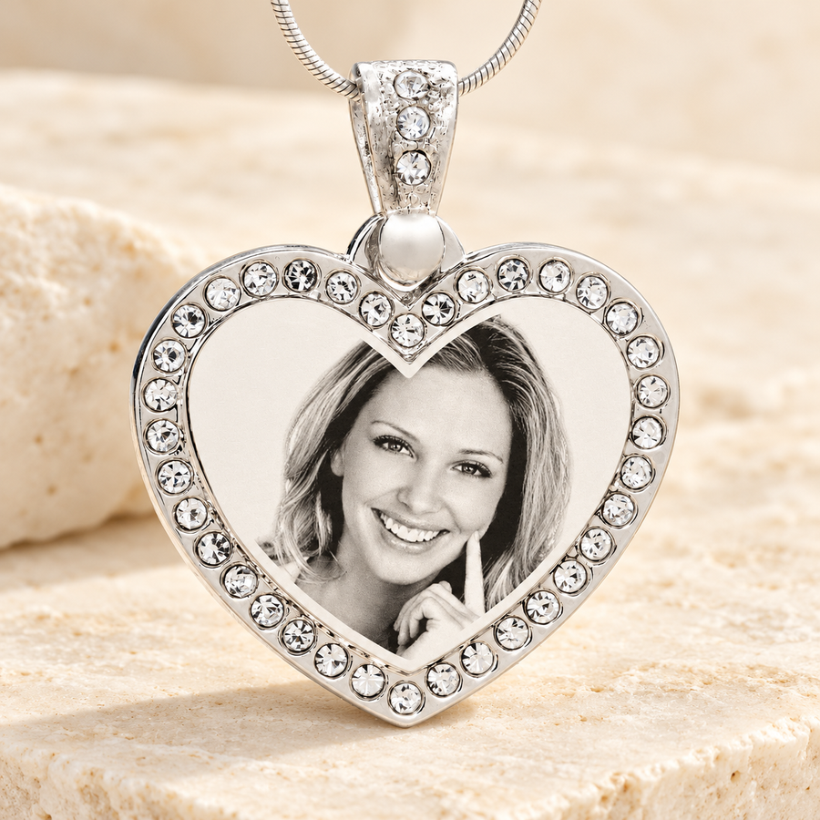 Silver gem heart necklace with an engraved portrait