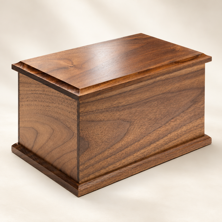 Walnut cremation urn woodgrain and moulding detail