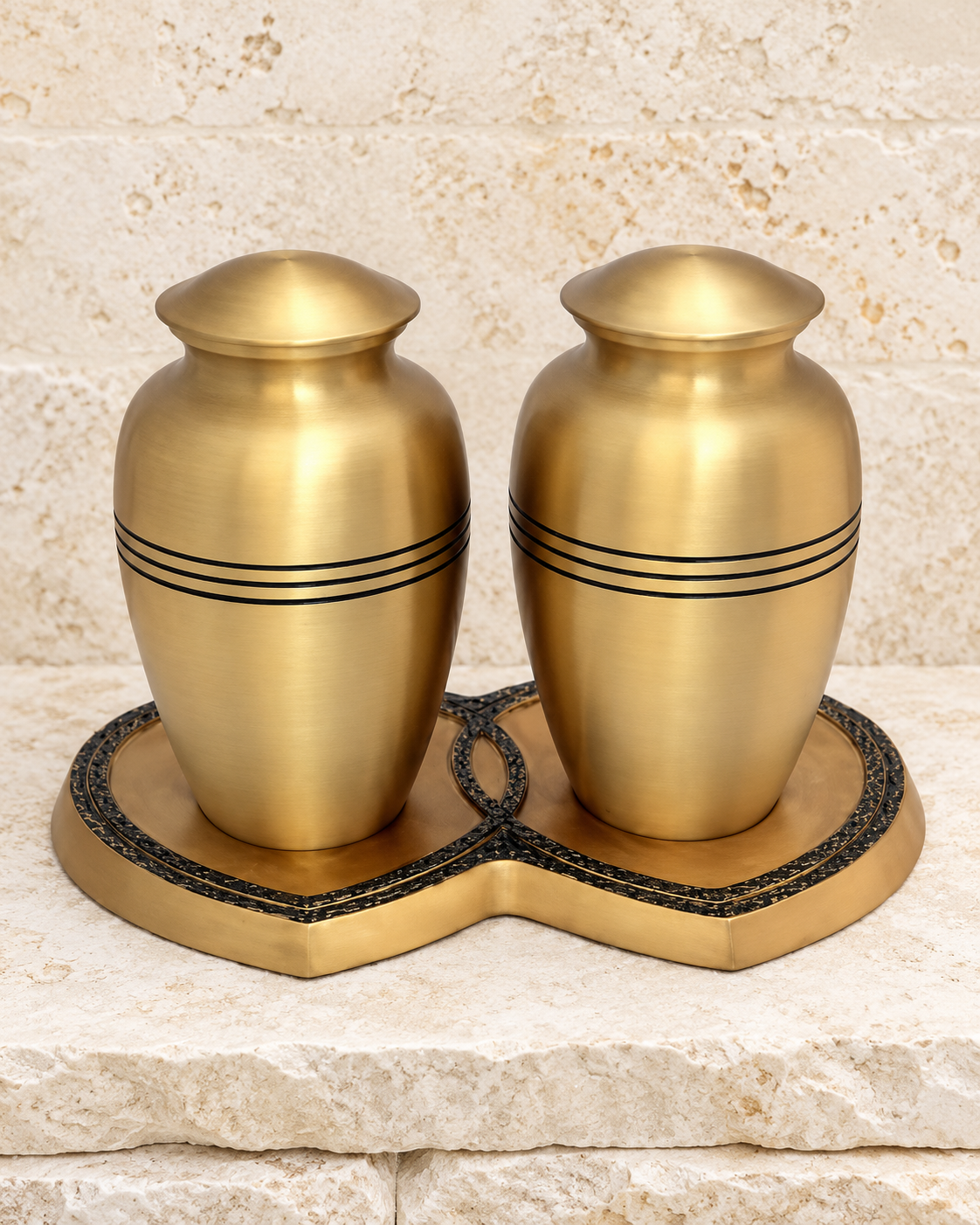 companion bronze cremation urns on cream stacked stone, portrait product photograph
