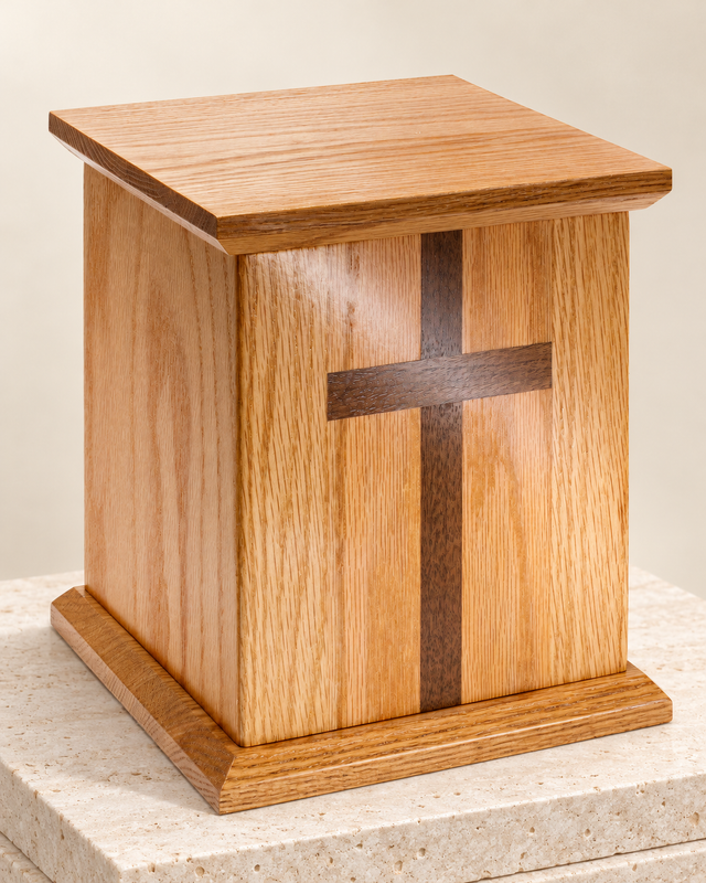 oak cross cremation urn on cream limestone