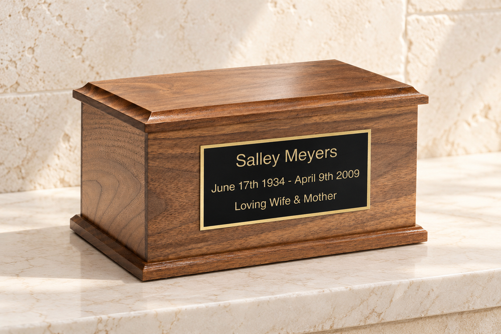 Walnut urn with optional 6 by 3 inch black and gold engraved memorial plate